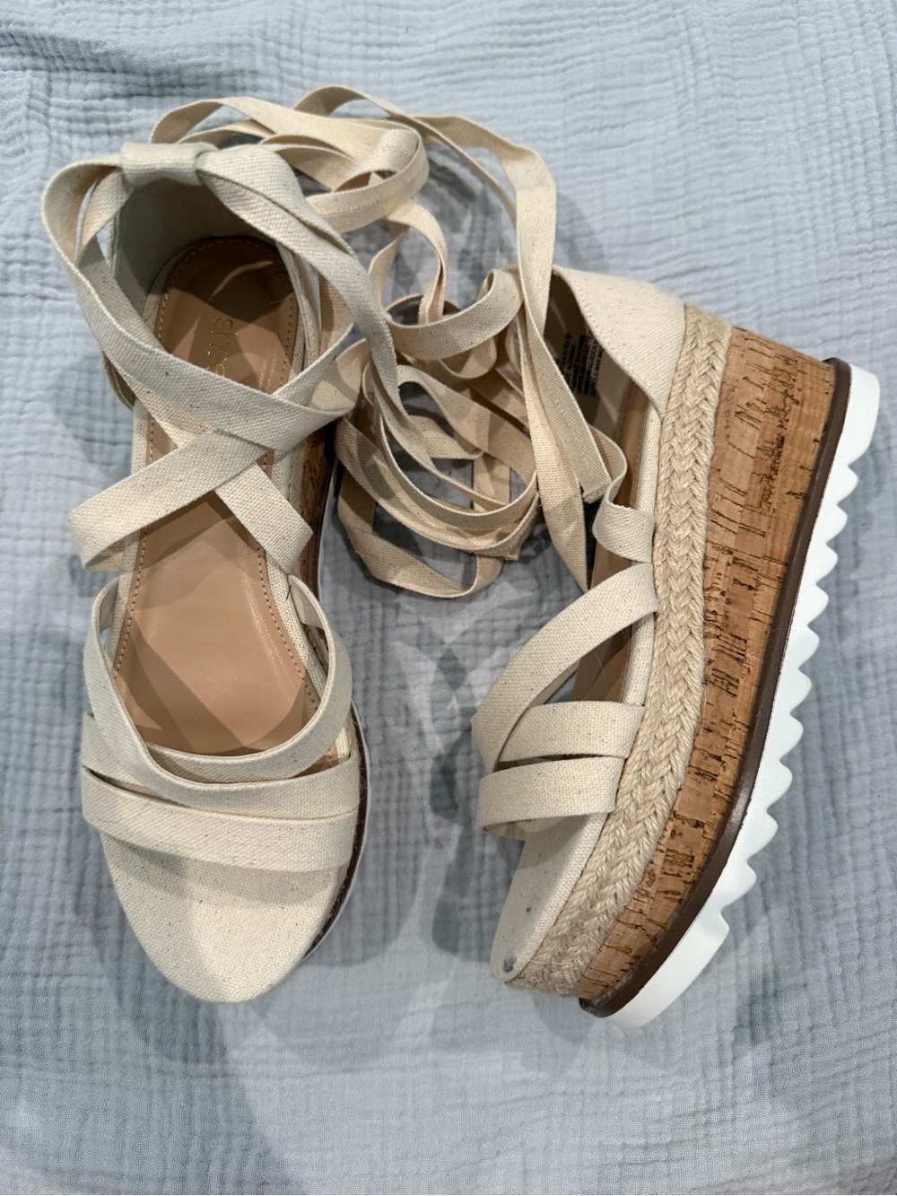 Shoedazzle Women's Cream Espadrille Platform Sandals with Lace-Up Straps